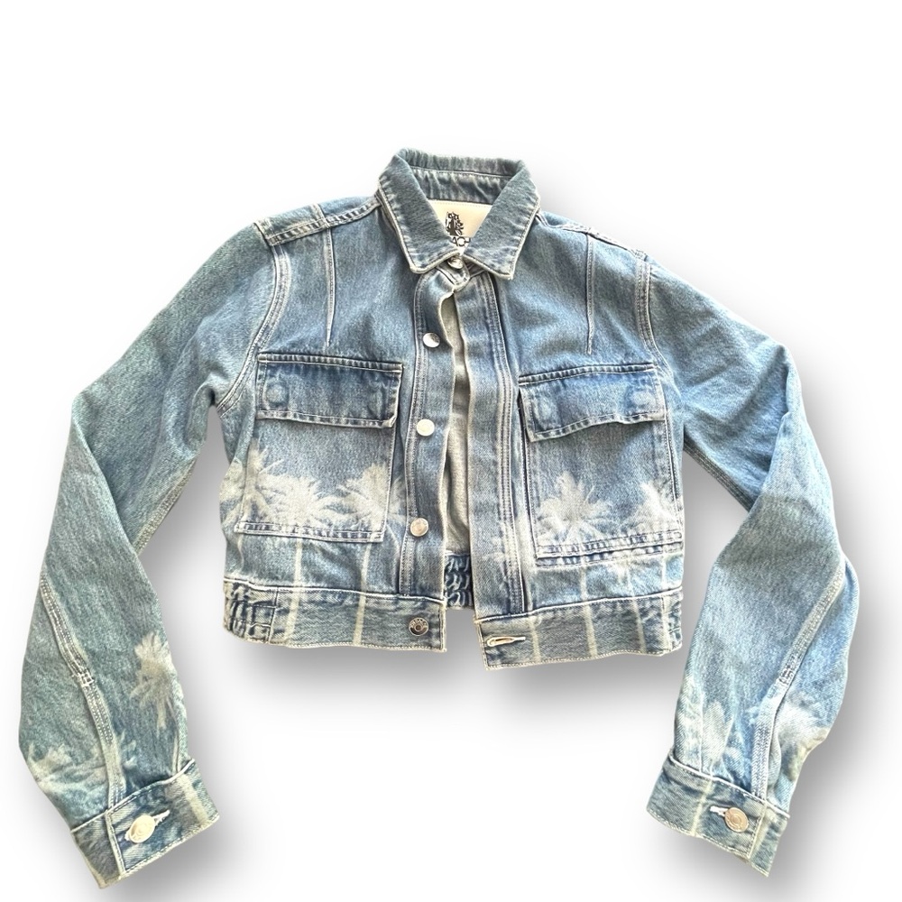 Jordache Light/Med Wash Palm Trees Cropped Denim Jacket Women's Size XS